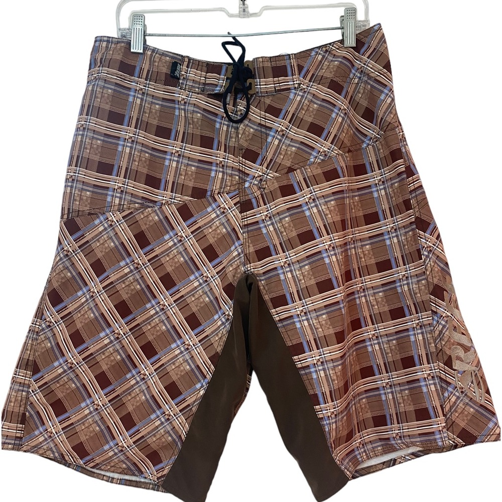 Men's Volcom Reef Brown & Blue Plaid Drawstring Swim Board Shorts - Medium